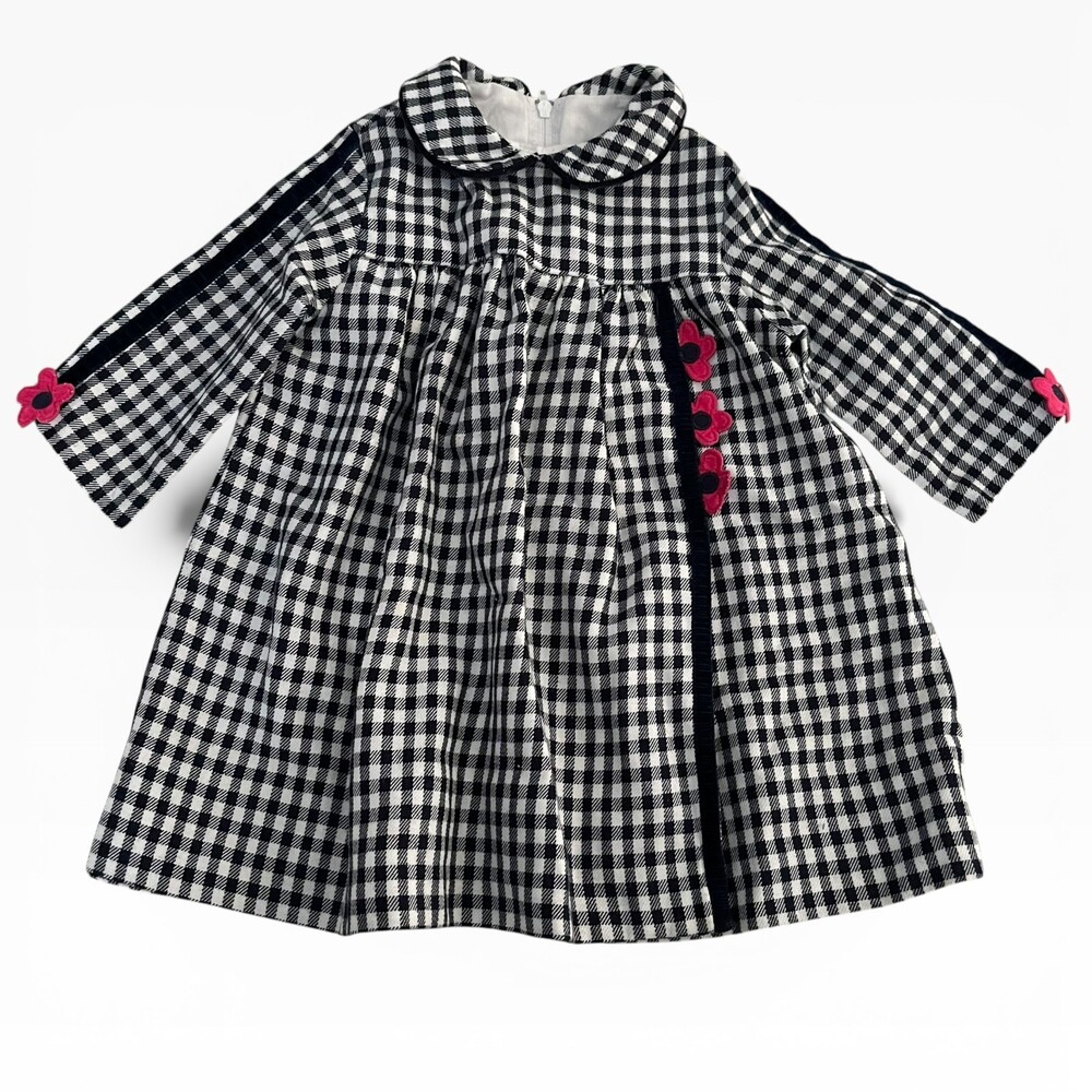 Florence Eiseman Baby Dress 12M Black White Gingham Peter Pan Collar Flower Trim